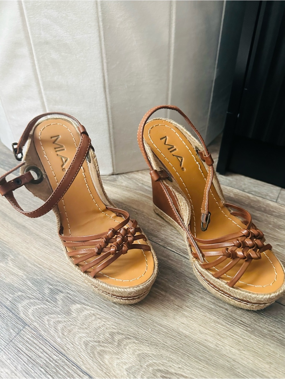 MIA Tan Braided Leather Espadrille Wedge Sandals